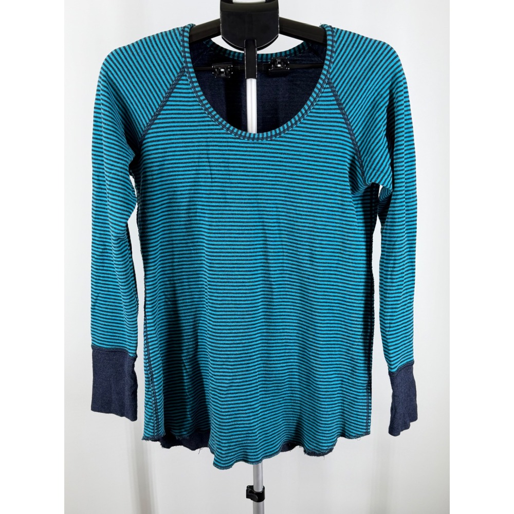 Lululemon Striped‎ Long Sleeve Top Teal Navy Blue Scoop Neck Raglan Tee  M
